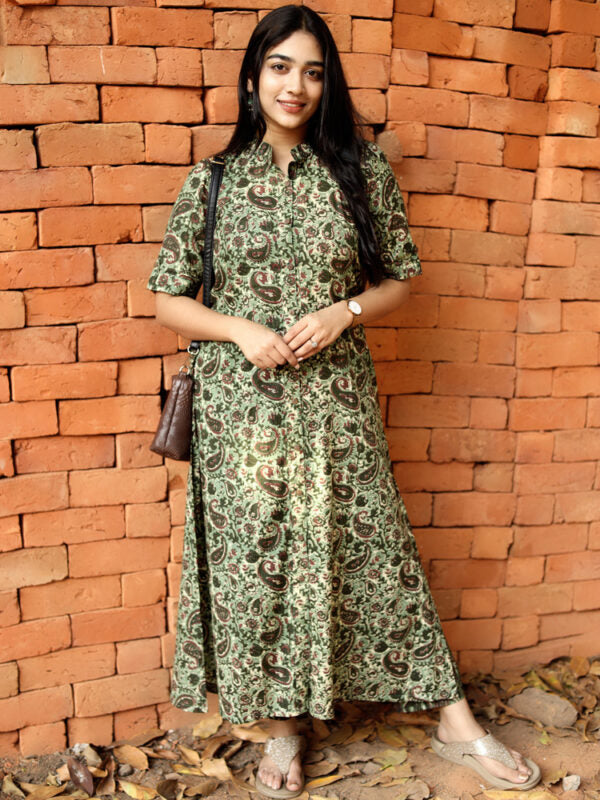 Olive Paisley Flared Maxi Kurti Stylish Printed Ethnic Dress for Women