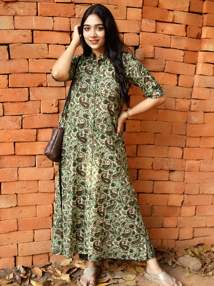 Olive Paisley Flared Maxi Kurti Stylish Printed Ethnic Dress for Women
