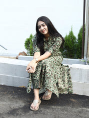 Olive Paisley Flared Maxi Kurti Stylish Printed Ethnic Dress for Women