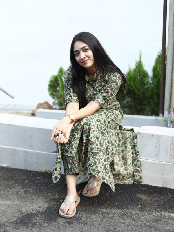 Olive Paisley Flared Maxi Kurti Stylish Printed Ethnic Dress for Women