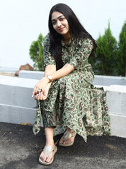 Olive Paisley Flared Maxi Kurti Stylish Printed Ethnic Dress for Women