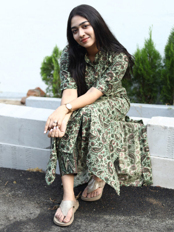 Olive Paisley Flared Maxi Kurti Stylish Printed Ethnic Dress for Women