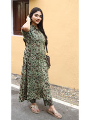 Olive Paisley Flared Maxi Kurti Stylish Printed Ethnic Dress for Women