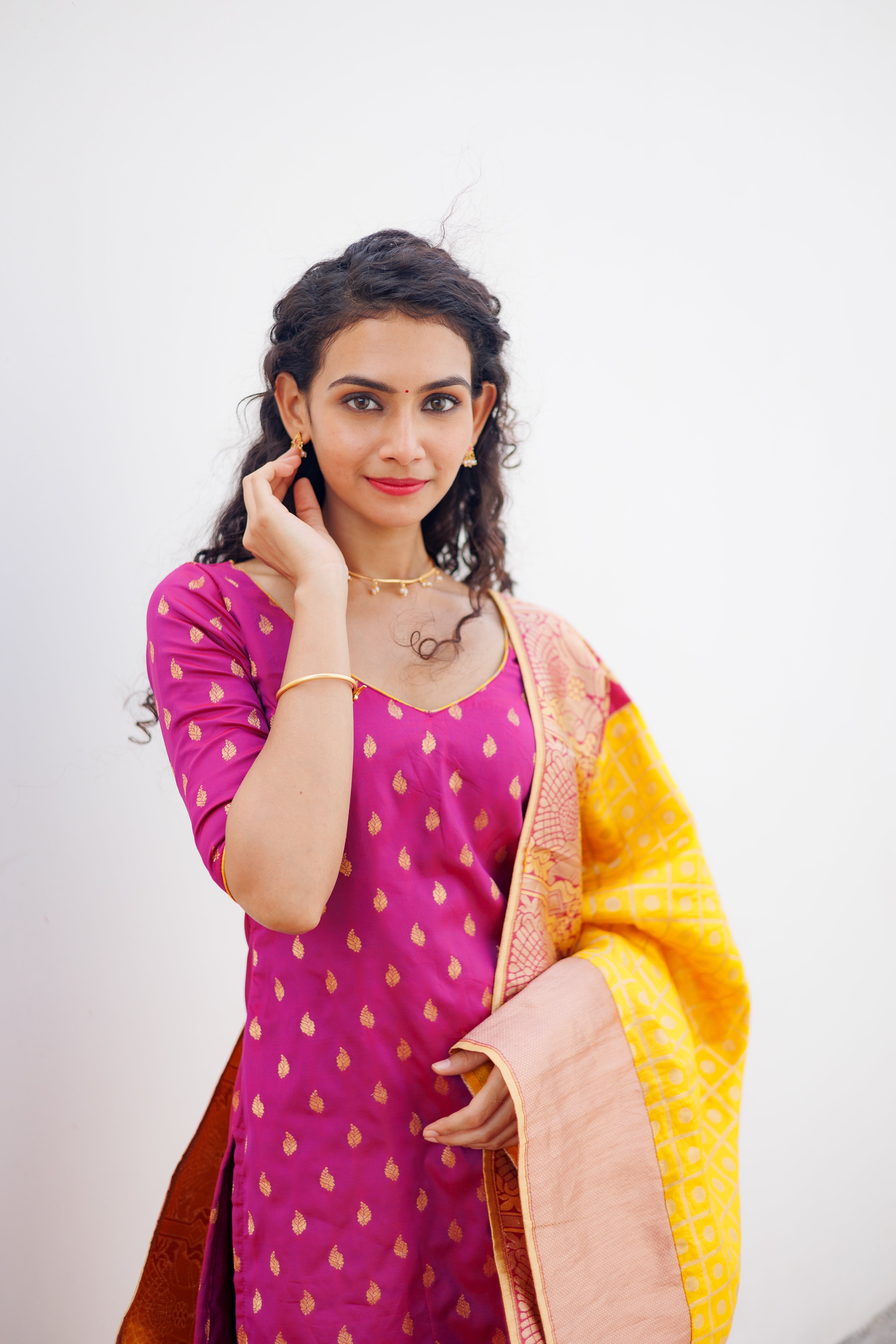 Pink Ethnic Kurta Set for Women with Yellow Banarasi Dupatta Festive Traditional Wear