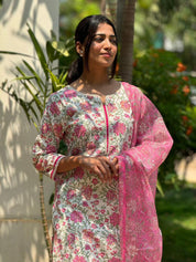 TheHandStitch Floral Printed Kurti Pant Set with Pink Dupatta | Elegant Cotton Ethnic Wear for Women