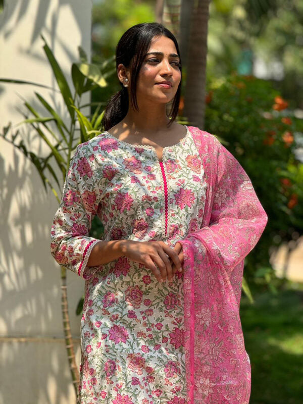 TheHandStitch Floral Printed Kurti Pant Set with Pink Dupatta | Elegant Cotton Ethnic Wear for Women