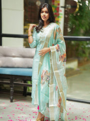 Mint Green Embroidered Kurta Set with Floral Organza Dupatta for Women Festive Ethnic Wear