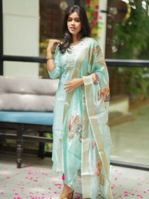 Mint Green Embroidered Kurta Set with Floral Organza Dupatta for Women Festive Ethnic Wear