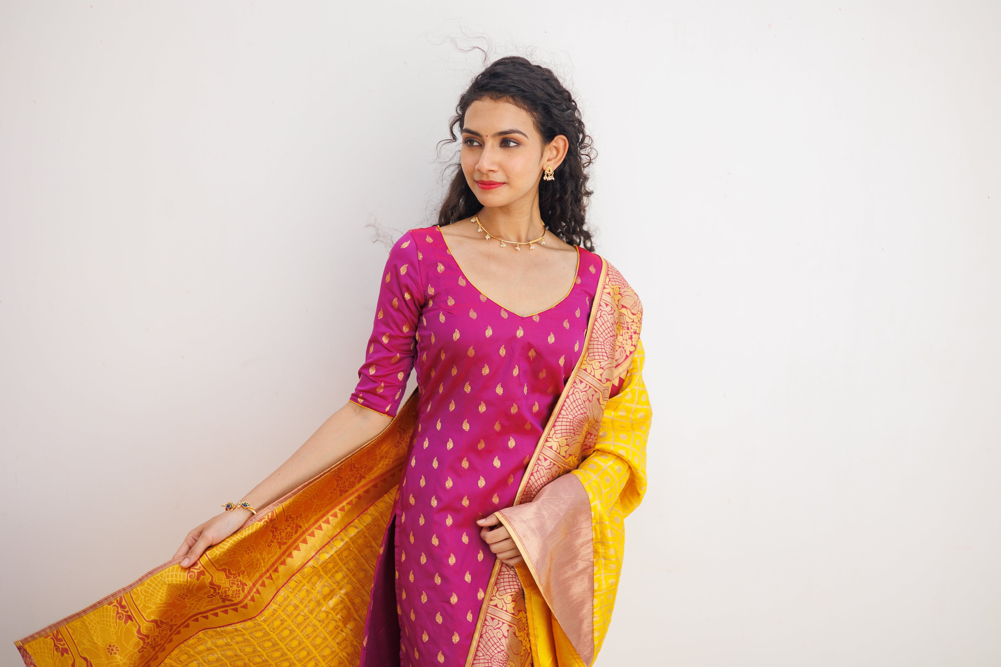 Pink Ethnic Kurta Set for Women with Yellow Banarasi Dupatta Festive Traditional Wear