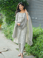 Silver Mist Embroidered Kurta Set for Women Elegant Grey Ethnic Wear