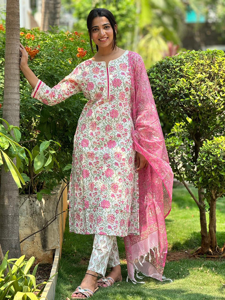 TheHandStitch Floral Printed Kurti Pant Set with Pink Dupatta | Elegant Cotton Ethnic Wear for Women