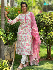 TheHandStitch Floral Printed Kurti Pant Set with Pink Dupatta | Elegant Cotton Ethnic Wear for Women