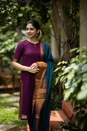 Purple Silk Kurta Set for Women Traditional Ethnic Suit with Contrast Dupatta