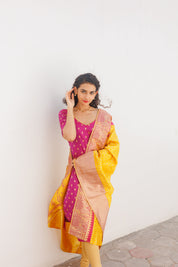 Pink Ethnic Kurta Set for Women with Yellow Banarasi Dupatta Festive Traditional Wear