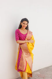 Pink Ethnic Kurta Set for Women with Yellow Banarasi Dupatta Festive Traditional Wear