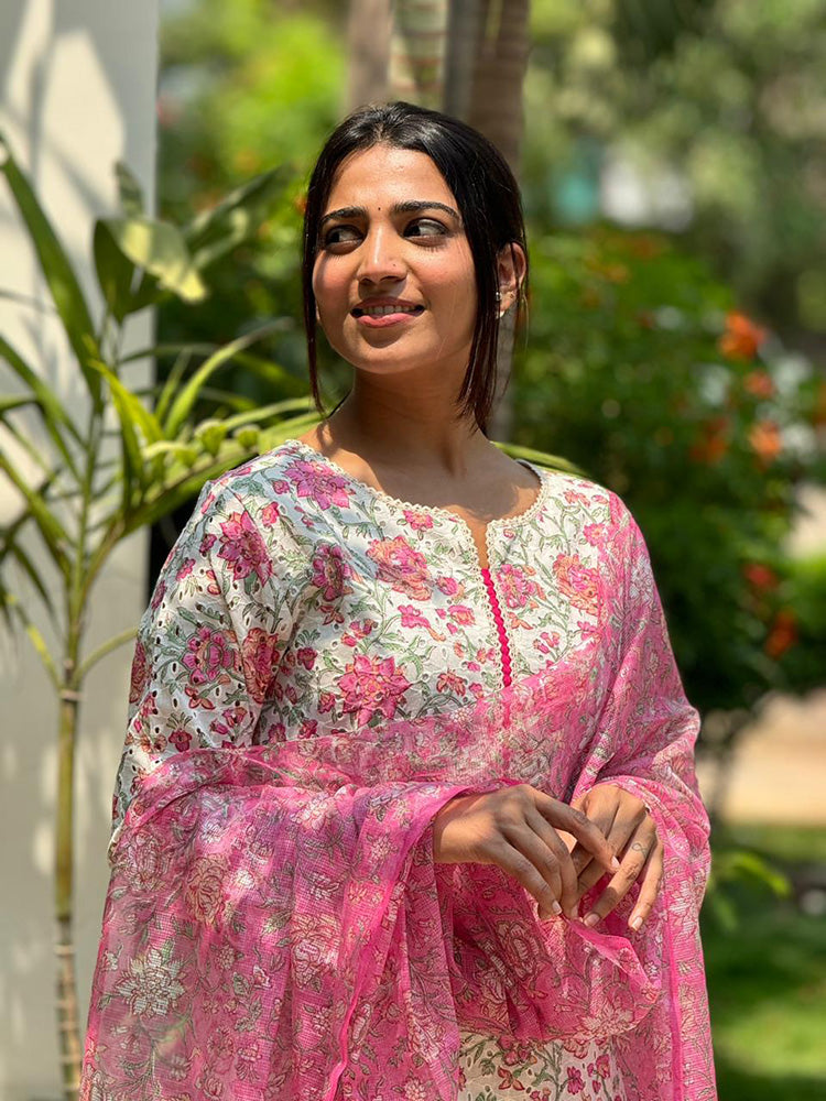 TheHandStitch Floral Printed Kurti Pant Set with Pink Dupatta | Elegant Cotton Ethnic Wear for Women