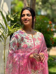 TheHandStitch Floral Printed Kurti Pant Set with Pink Dupatta | Elegant Cotton Ethnic Wear for Women
