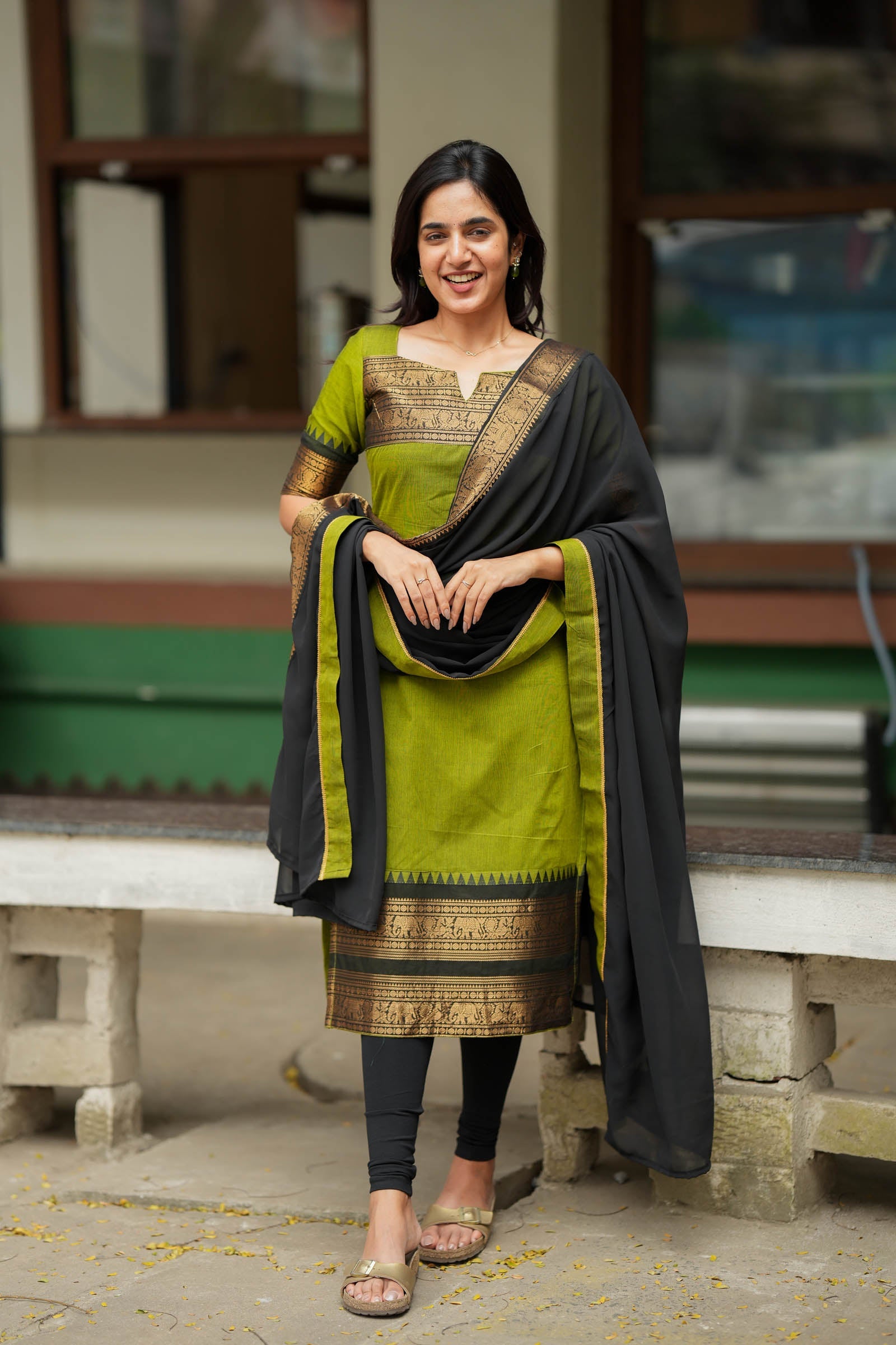 Olive Green Traditional Kurta Set for Women Elegant Ethnic Wear with Black Dupatta