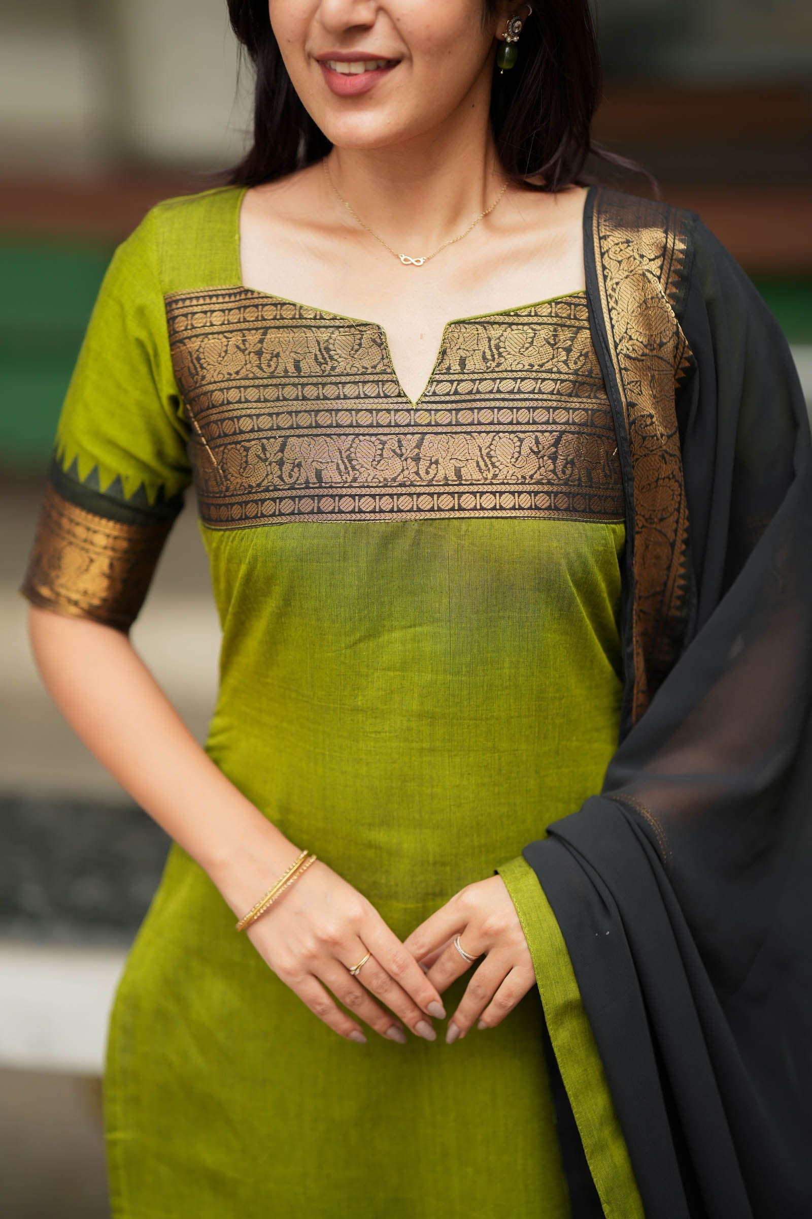 Olive Green Traditional Kurta Set for Women Elegant Ethnic Wear with Black Dupatta