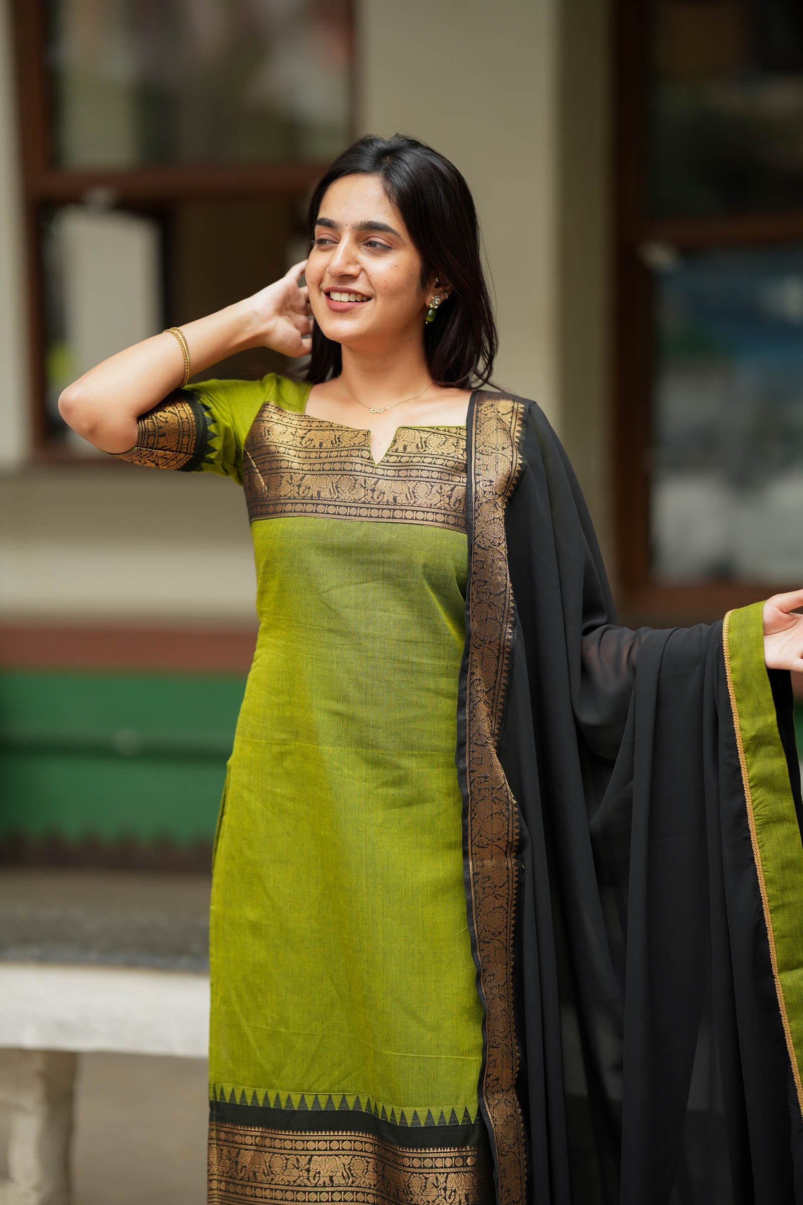 Olive Green Traditional Kurta Set for Women Elegant Ethnic Wear with Black Dupatta