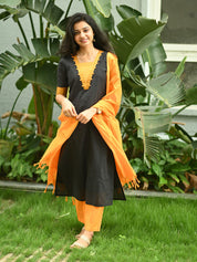 Black & Mustard Cotton Kurta Pant Dupatta Set for Women Elegant Ethnic Wear