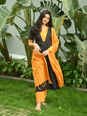 Black & Mustard Cotton Kurta Pant Dupatta Set for Women Elegant Ethnic Wear