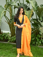 Black & Mustard Cotton Kurta Pant Dupatta Set for Women Elegant Ethnic Wear