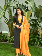 Black & Mustard Cotton Kurta Pant Dupatta Set for Women Elegant Ethnic Wear