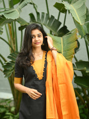 Black & Mustard Cotton Kurta Pant Dupatta Set for Women Elegant Ethnic Wear