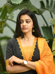 Black & Mustard Cotton Kurta Pant Dupatta Set for Women Elegant Ethnic Wear