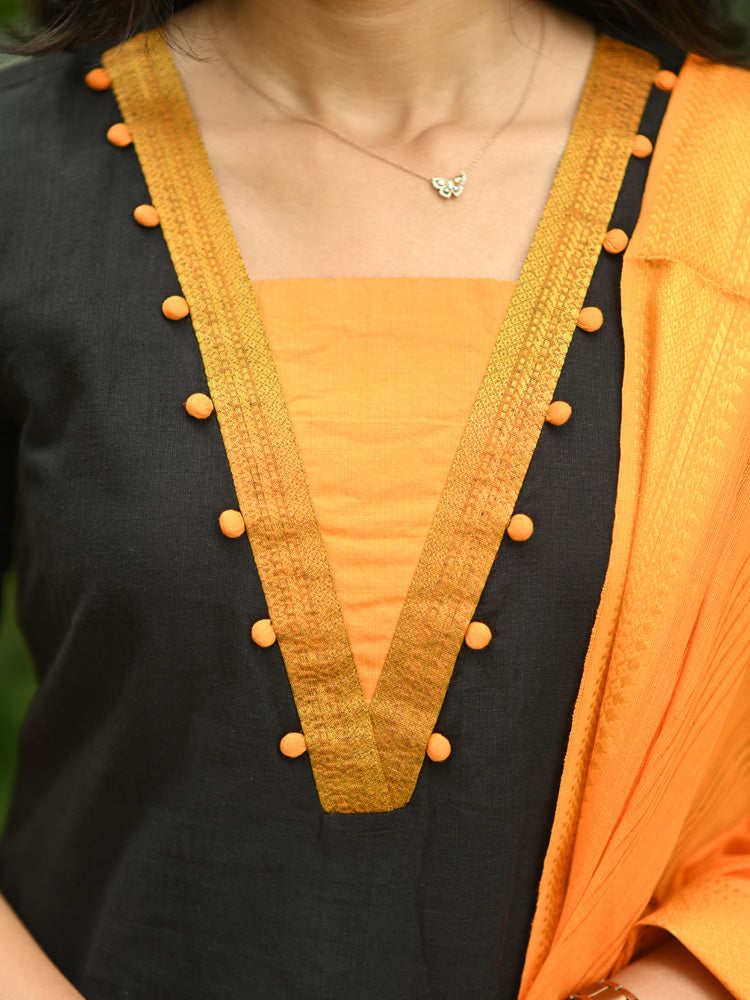 Black & Mustard Cotton Kurta Pant Dupatta Set for Women Elegant Ethnic Wear