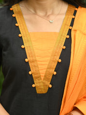 Black & Mustard Cotton Kurta Pant Dupatta Set for Women Elegant Ethnic Wear