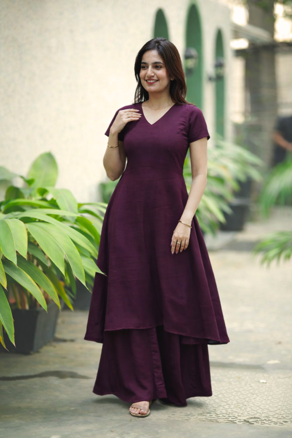 Wine Flared Kurta Set for Women Elegant Solid Ethnic Co Ord Outfit