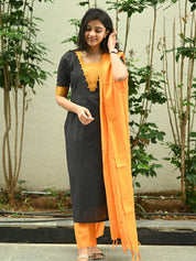 Black & Mustard Cotton Kurta Pant Dupatta Set for Women Elegant Ethnic Wear