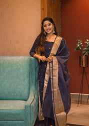 Navy Blue Designer Kurta Set for Women Festive Ethnic Wear with Zari Dupatta