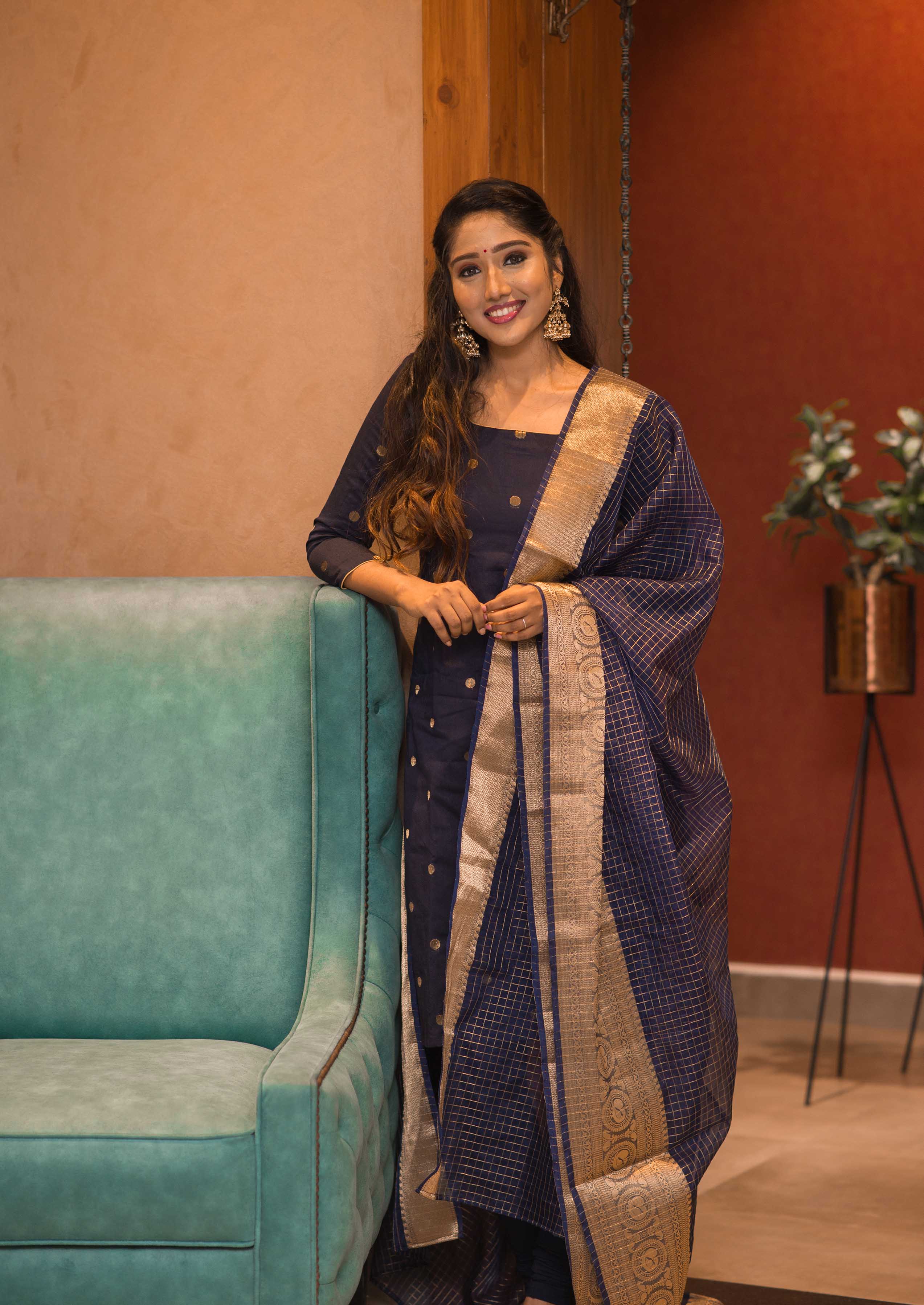 Navy Blue Designer Kurta Set for Women Festive Ethnic Wear with Zari Dupatta