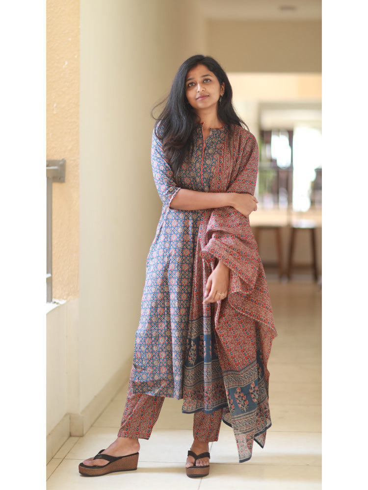 TheHandStitch Ajrakh Printed Cotton Kurti Set with Dupatta Traditional Ethnic Wear for Women