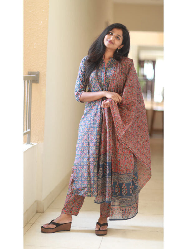 TheHandStitch Ajrakh Printed Cotton Kurti Set with Dupatta Traditional Ethnic Wear for Women