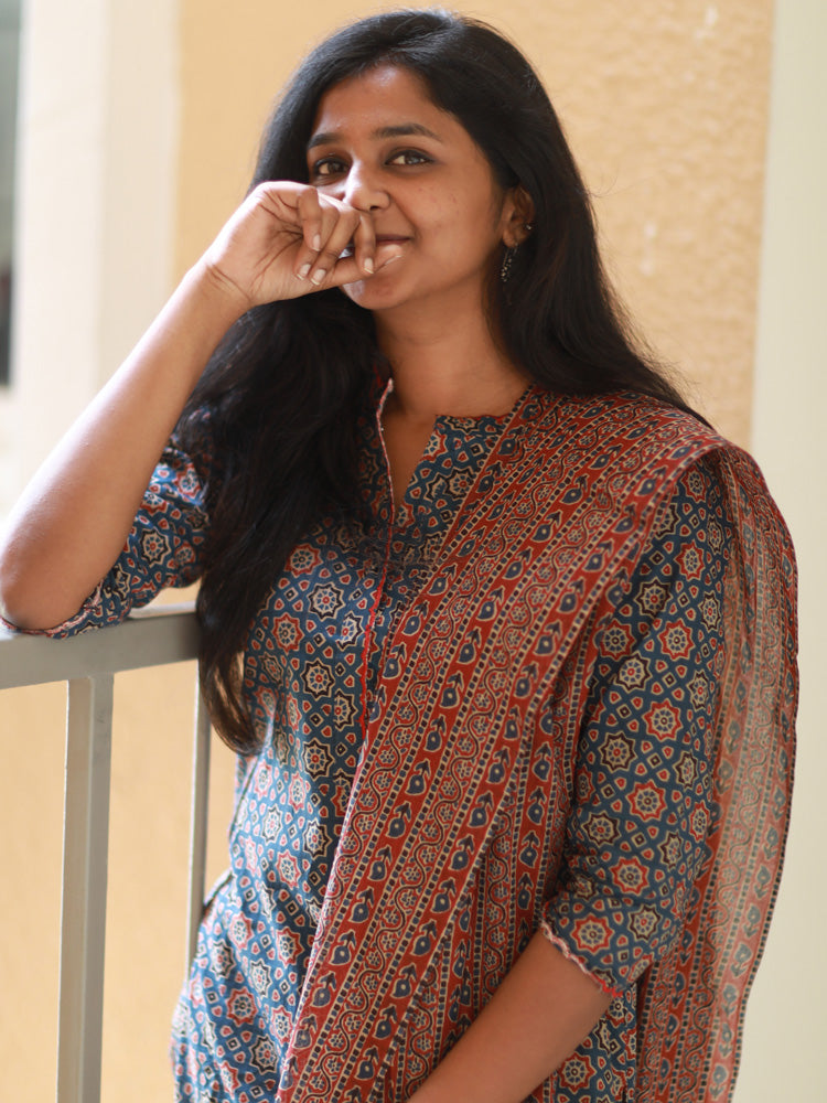 TheHandStitch Ajrakh Printed Cotton Kurti Set with Dupatta Traditional Ethnic Wear for Women