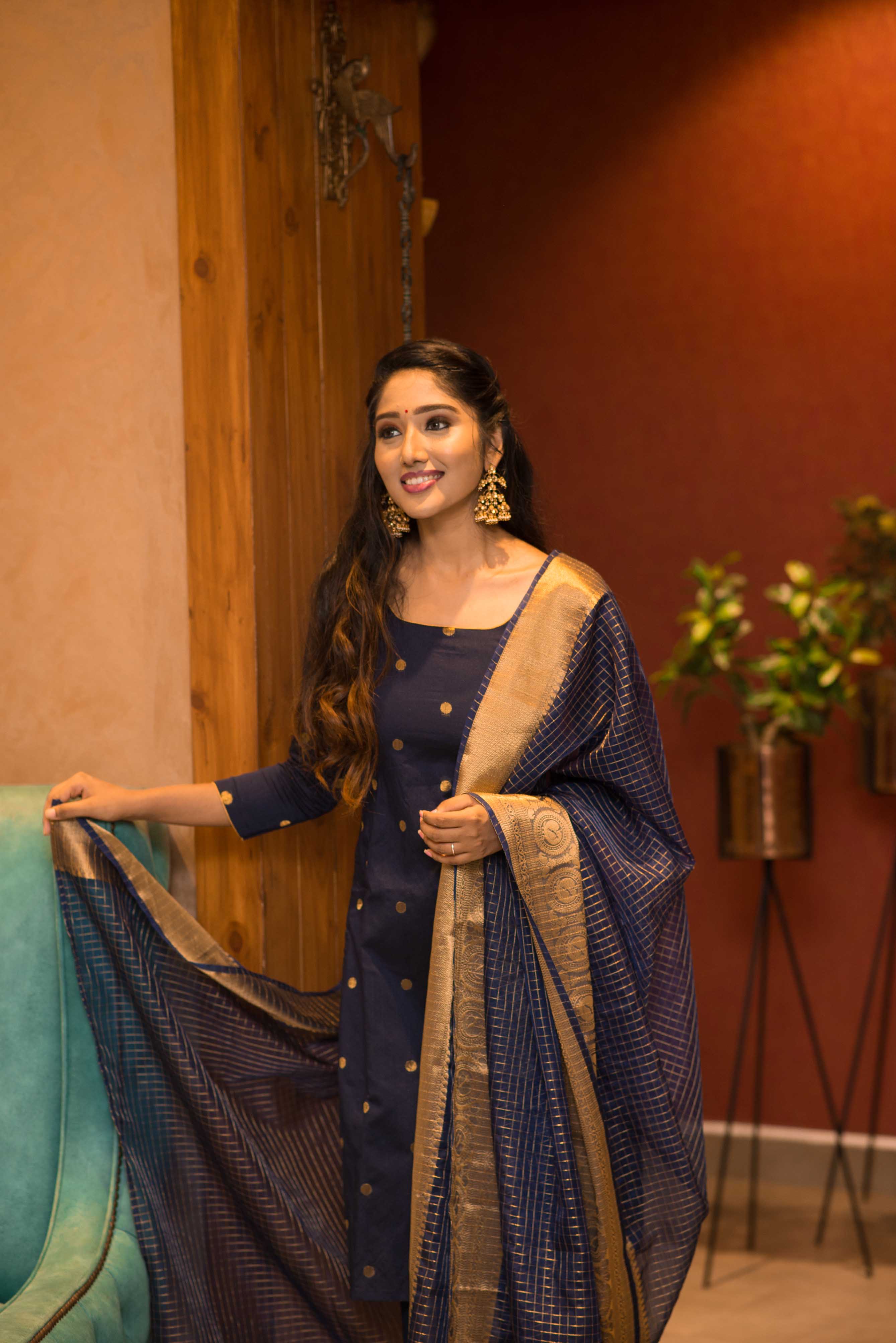 Navy Blue Designer Kurta Set for Women Festive Ethnic Wear with Zari Dupatta