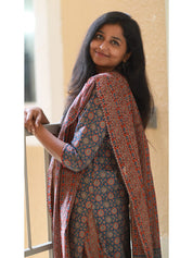 TheHandStitch Ajrakh Printed Cotton Kurti Set with Dupatta Traditional Ethnic Wear for Women