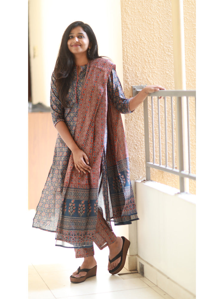 TheHandStitch Ajrakh Printed Cotton Kurti Set with Dupatta Traditional Ethnic Wear for Women