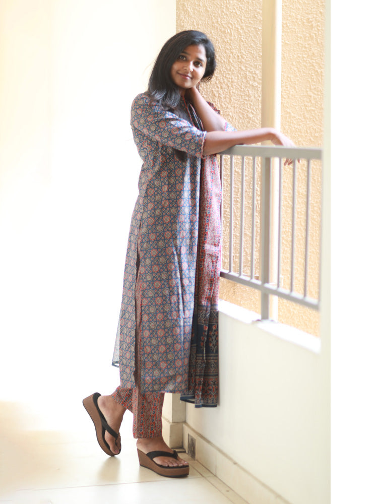 TheHandStitch Ajrakh Printed Cotton Kurti Set with Dupatta Traditional Ethnic Wear for Women