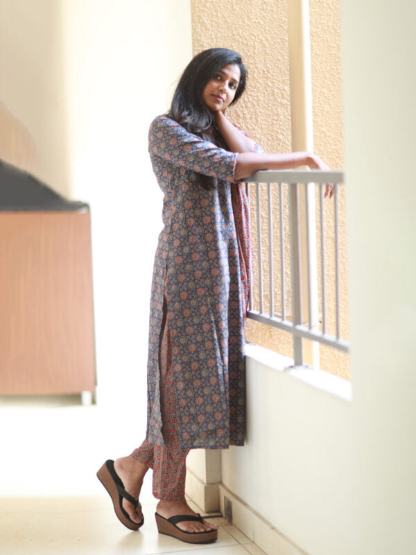 TheHandStitch Ajrakh Printed Cotton Kurti Set with Dupatta Traditional Ethnic Wear for Women