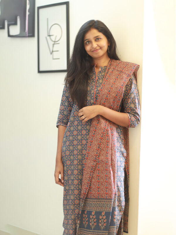 TheHandStitch Ajrakh Printed Cotton Kurti Set with Dupatta Traditional Ethnic Wear for Women