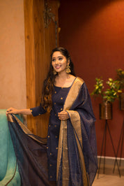 Navy Blue Designer Kurta Set for Women Festive Ethnic Wear with Zari Dupatta