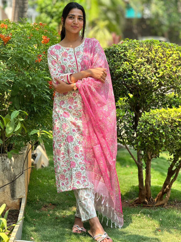 TheHandStitch Floral Printed Kurti Pant Set with Pink Dupatta | Elegant Cotton Ethnic Wear for Women