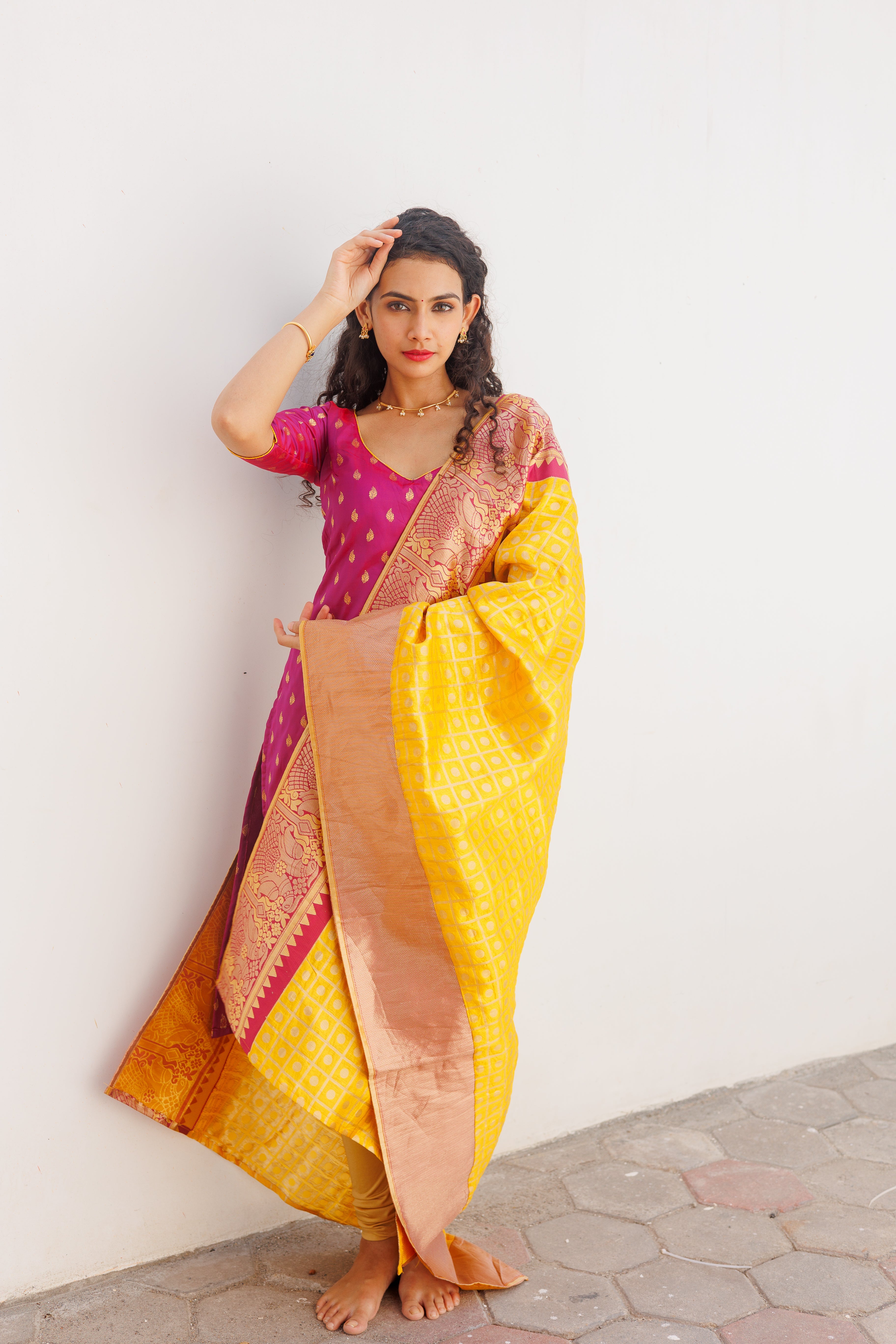 Pink Ethnic Kurta Set for Women with Yellow Banarasi Dupatta Festive Traditional Wear