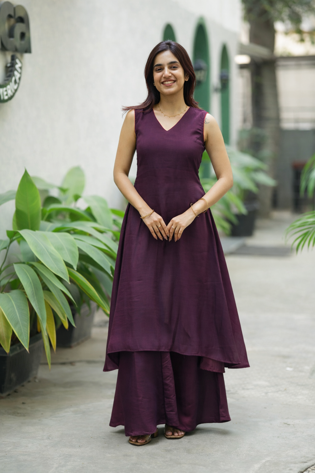 Wine Flared Kurta Set for Women Elegant Solid Ethnic Co Ord Outfit