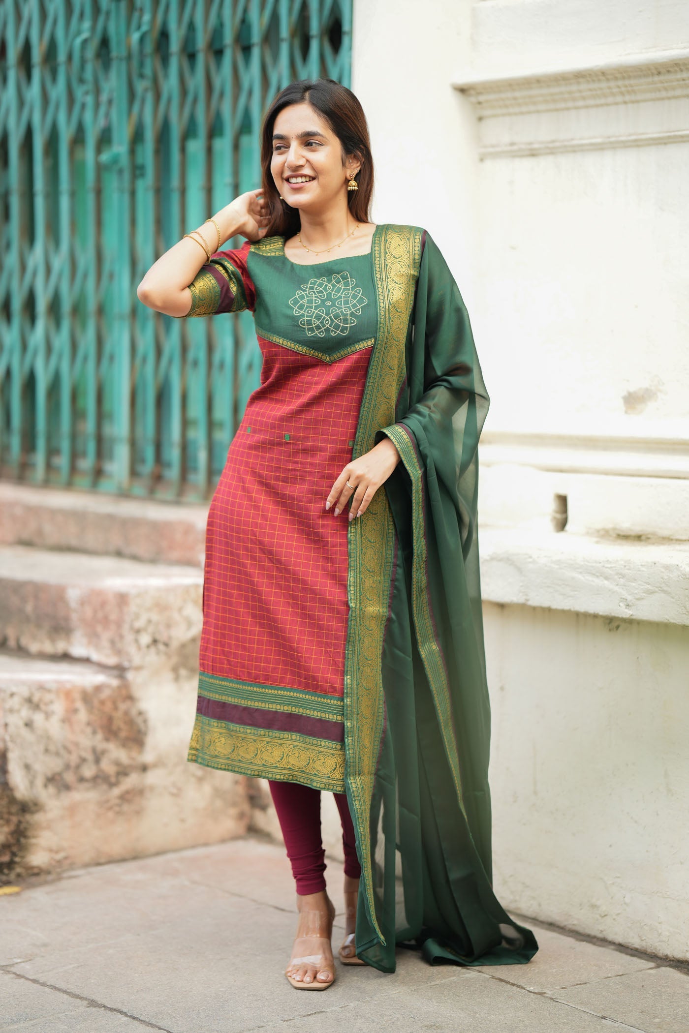 Maroon & Green Ethnic Kurta Set for Women with Dupatta Traditional Festive Wear